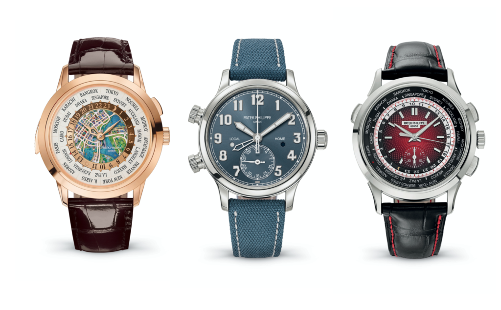 Patek Philippe Watches (R to L) Ref. 5531 World Time Minute Repeater, Ref. 7234 Calatrava Pilot Travel Time, Ref. 5930 World Time Chronograph, all Singapore 2019 Special Editions. 